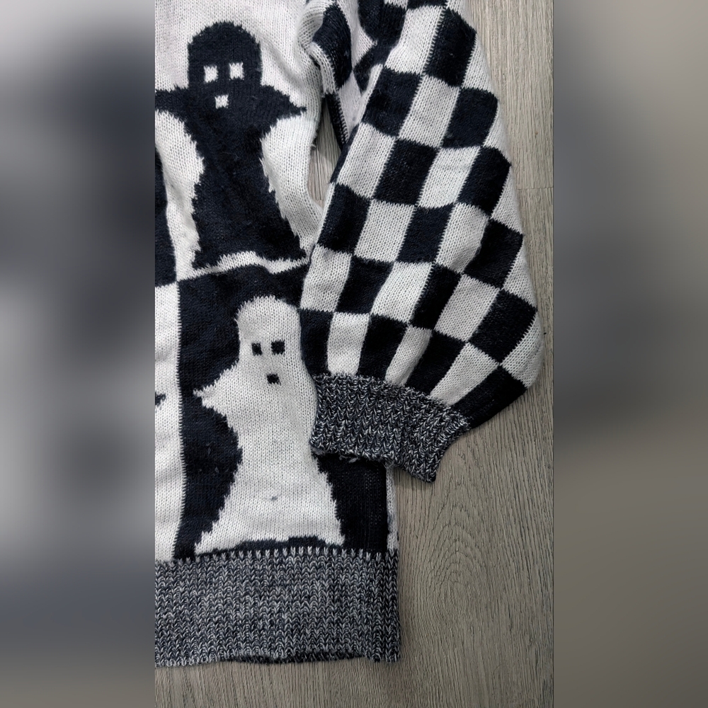Ghost Checkerboard Sweater Black White Spooky Goth Halloween Knit Large - Picture 11 of 13